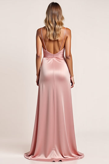 Blush A Line Spaghetti Straps Ruched Long Bridesmaid Dress with Slit